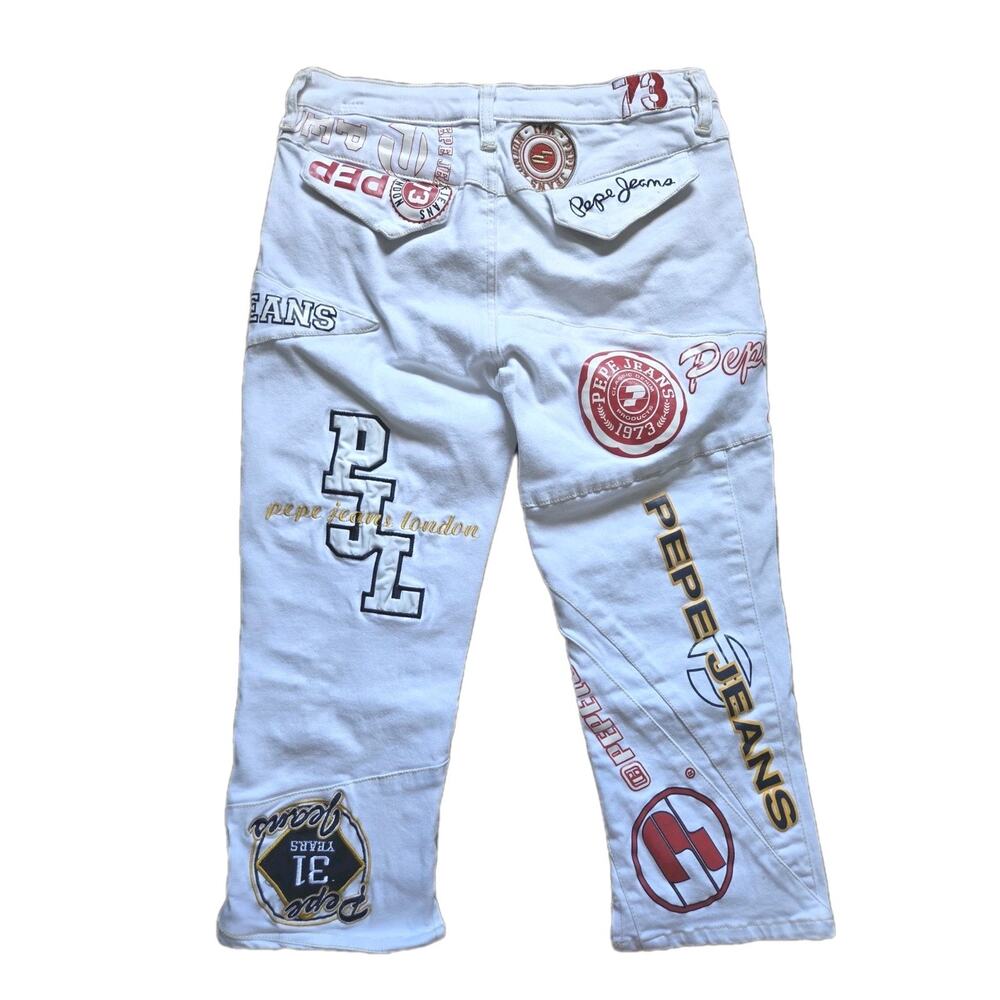 Y2K Pepe Jeans London Capri Pants Patchwork Logo Spellout Embroidered White 29 - Picture 2 of 9